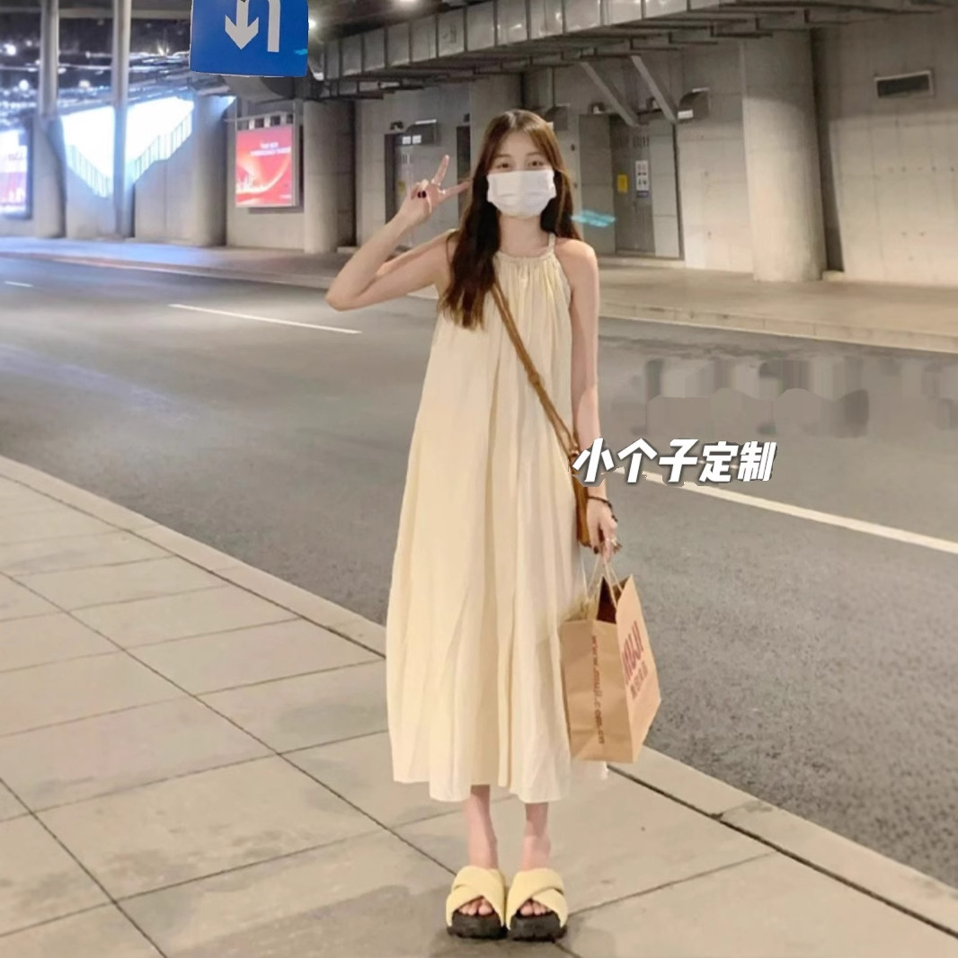 150 vestido pequeno de verão preguiçoso para mulheres, vestido com alças estilo francês, ajuste solto, XS, emagrecimento, comprimento médio.