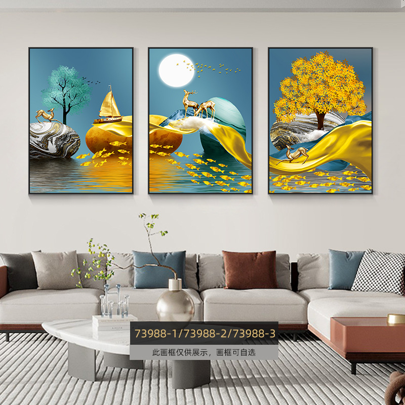 Pintura de decoración de la sala de estar moderna de lujo ligera Fukuyan atmósfera tripartita mural significa un buen fondo de sofá pintura colgante de pared