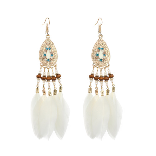 Euramerican Long Feather Earrings with Cross-border Retro Personality Handmade Leaf and Tassel Earrings for Travel Photography, Dropshipping One Piece
