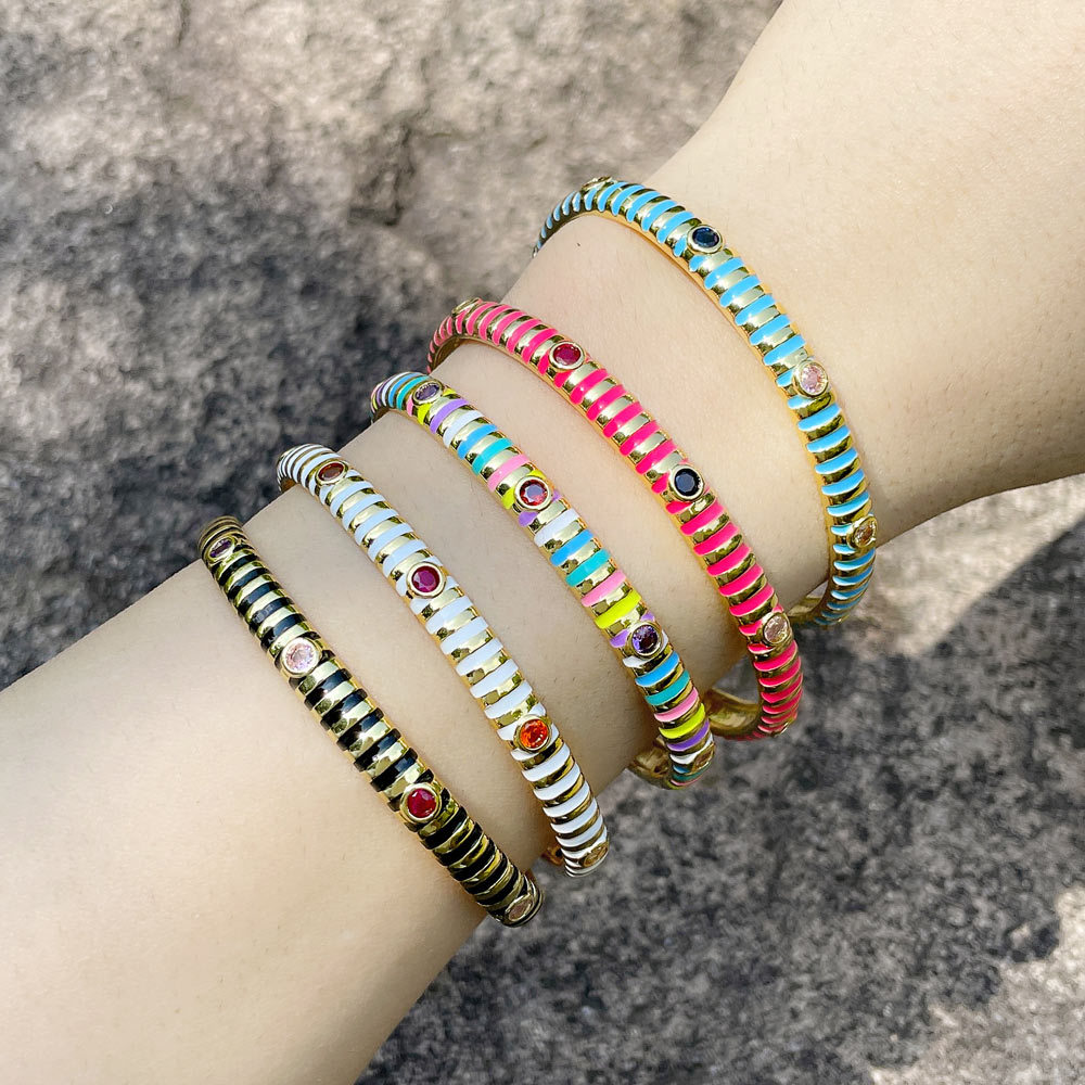 Fashion Simple Female Bohemian Multicolor Zircon Drop Oil Open-Ended Copper Bracelet