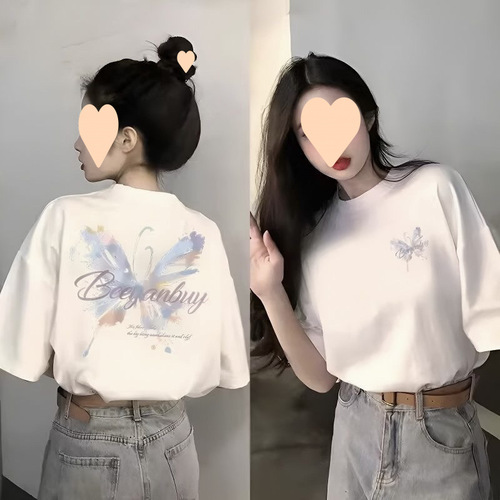 Summer New White Cotton Short-Sleeve T-shirt for Women Loose Fit Slimming T-shirt American Retro Heavyweight Short-Sleeve