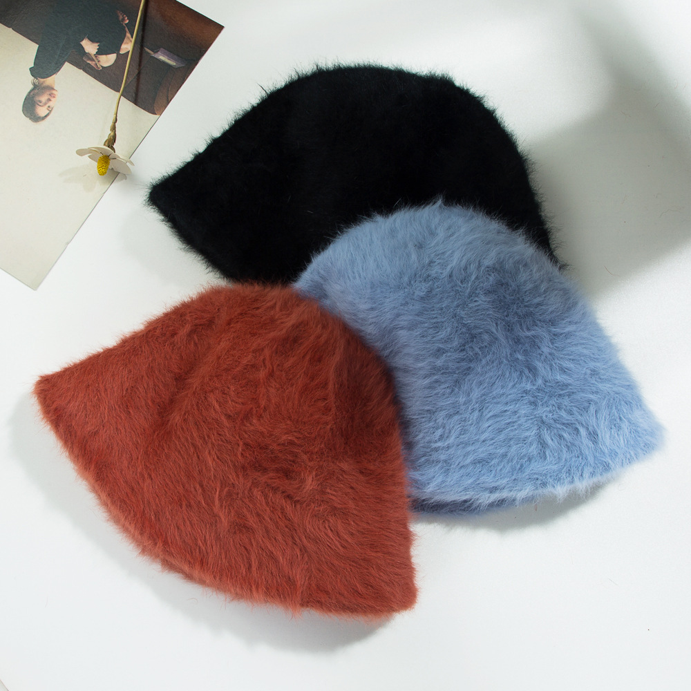 Spot Plush Fisherman Hat Rabbit Hair Bucket Hat Fashion Basin Solid Color Hat display picture 1