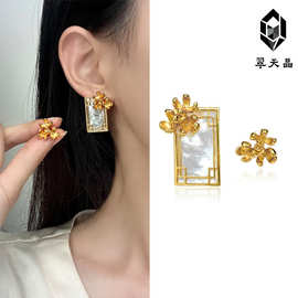 翠天晶【小窗丛桂】原创国风镀铜白贝耳钉高端系列小红书抖音同款