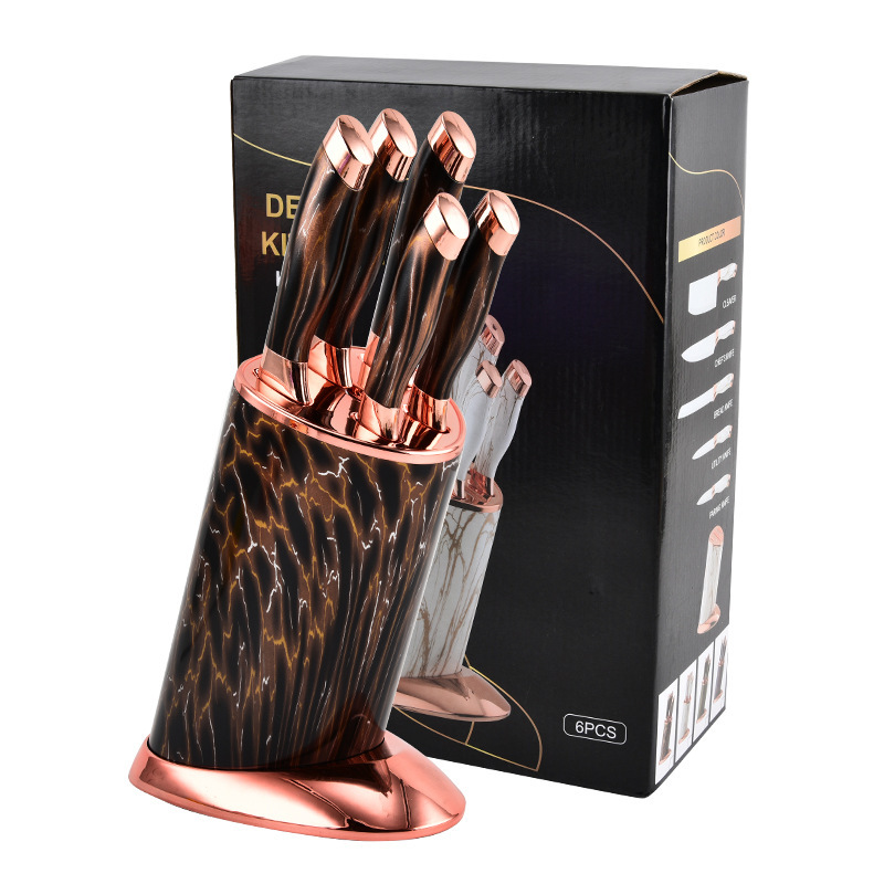 Utensilios de cocina Juego de seis piezas Cabezal de galvanoplastia doble Mango cubierto Cubo redondo Asiento oblicuo Cuchillo de cocina multifuncional Cuchillo de chef Cuchillo de pan Utensilios de cocina