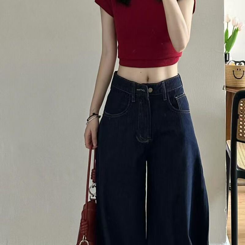 秋季美式深蓝牛仔裤女2025新款高腰显瘦直筒宽松常规款阔腿裤代发|undefined