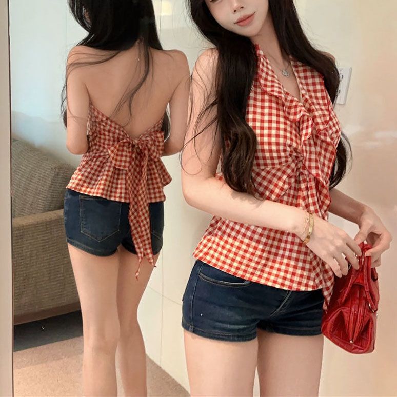荷叶边红色格子吊带背心女夏季泰式辣妹v领挂脖抹胸上衣独特绝美|undefined