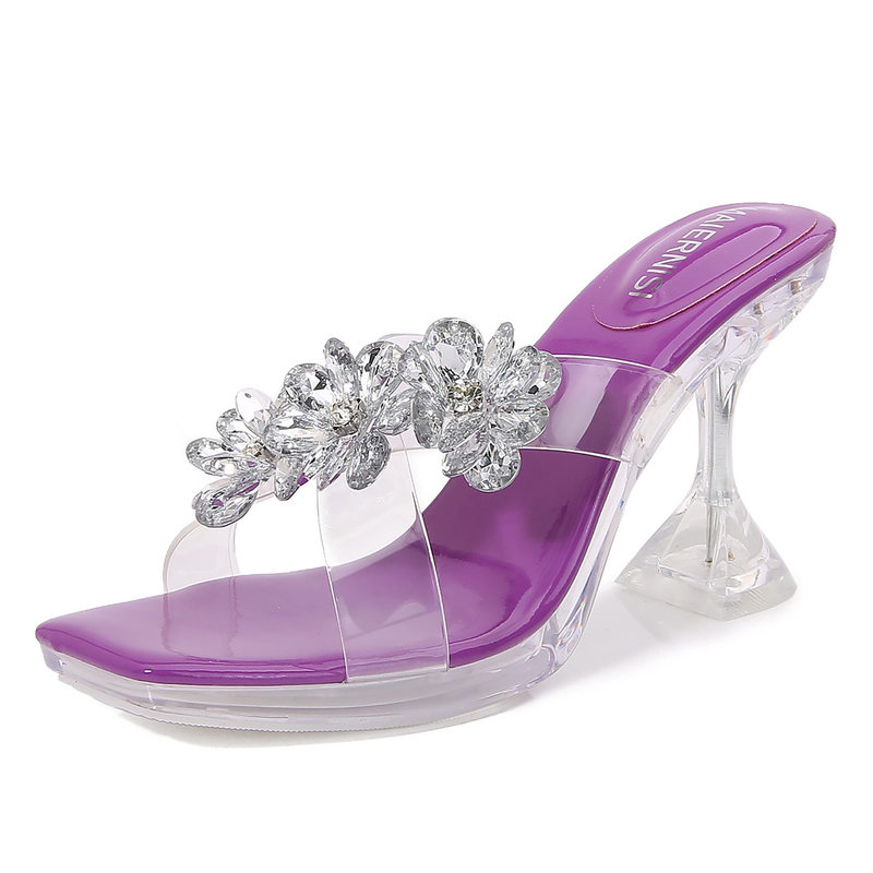 Sandal nữ quai ngang trong suốt gót ly pha lê, gót 6–8 cm — Vàng Sâm Banh, màu tím