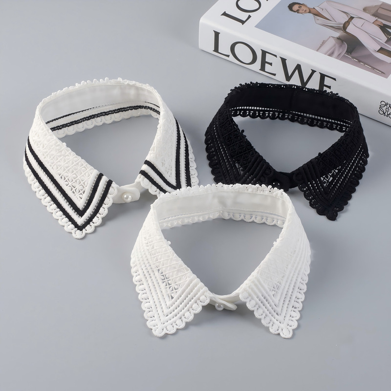 Water-soluble hollow lace fake collar for women, versatile shirt decorative collar, black and white striped pointed collar, layered base fake collar Water-soluble hollow lace fake collar for women, versatile shirt decorative collar, black and white striped pointed collar, layered base fake collar