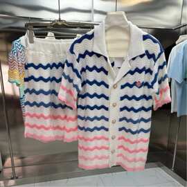 跨境CASA卡萨男式休闲套装针织羊毛衫短袖衬衫短裤珍珠纽扣拼色宽