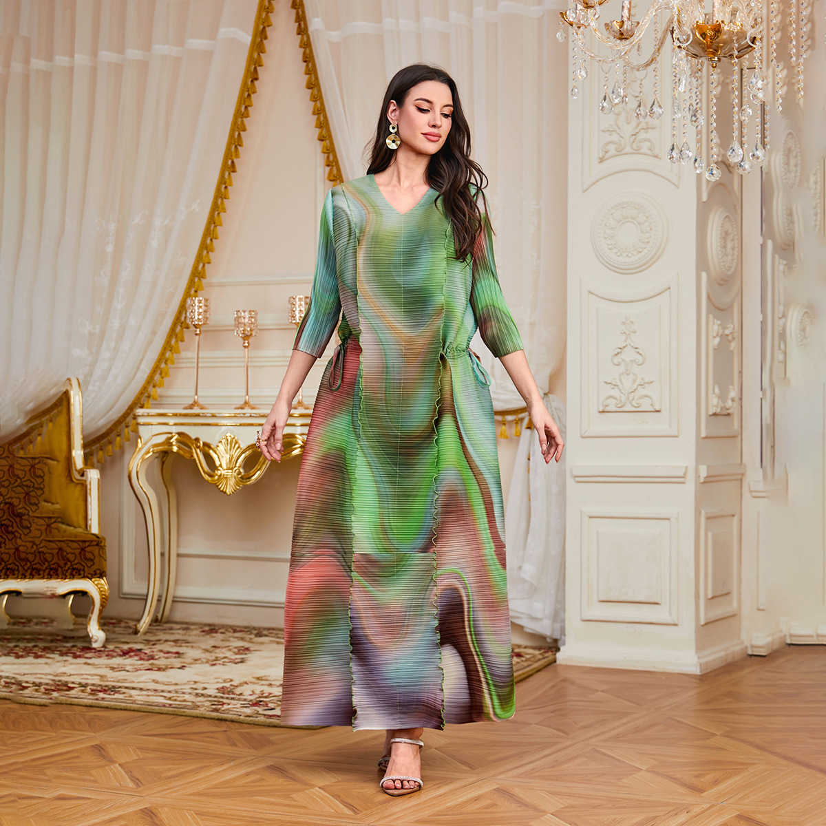 Middle Eastern Muslim Women's Clothing Foreign Trade: Saudi Arabia Dubai Printed Long Robe Abaya With Waist-Cinching_ecoleips.com