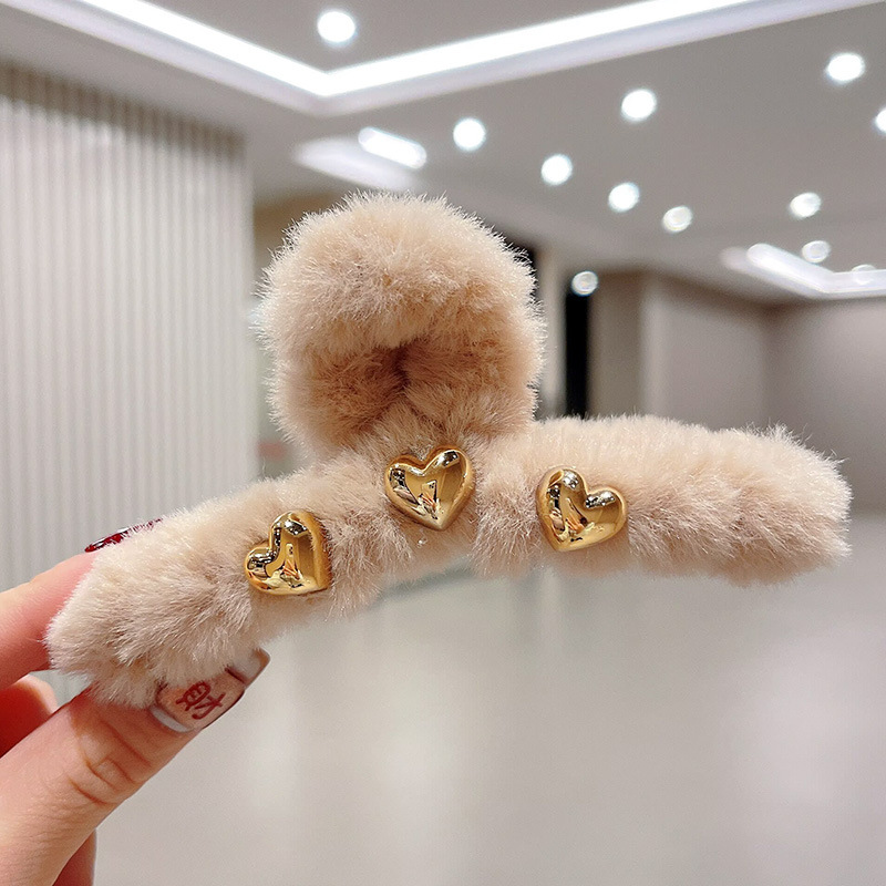 2026秋冬ミンクファー毛皮ヘアクリップ、高級感のある後頭部用大型シャーククリップ、ハート型キラキラ輝くダイヤモンド付き毛皮ヘアクリップ