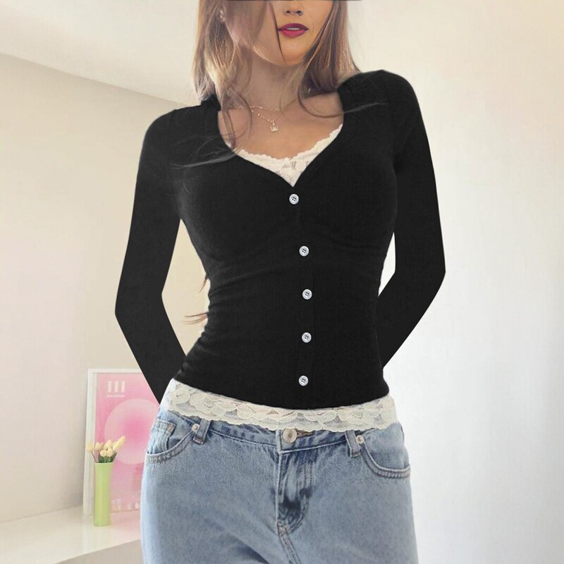 American-style retro lace patchwork long-sleeve T-shirt for women, slim-fit, V-neck, with button detailing, perfect as a base layer or inner top