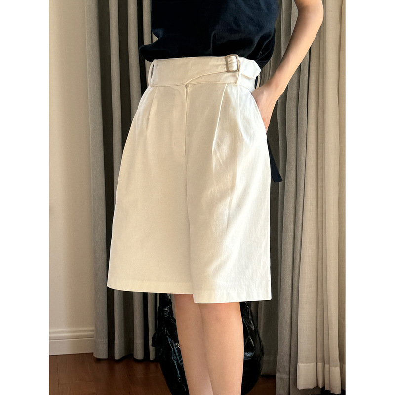 Summer New Korean Style Commuter Double Pleated Diagonal Button High Waist Straight Mid-Pants Loose Slimming Casual Five-Point Pants for Women
