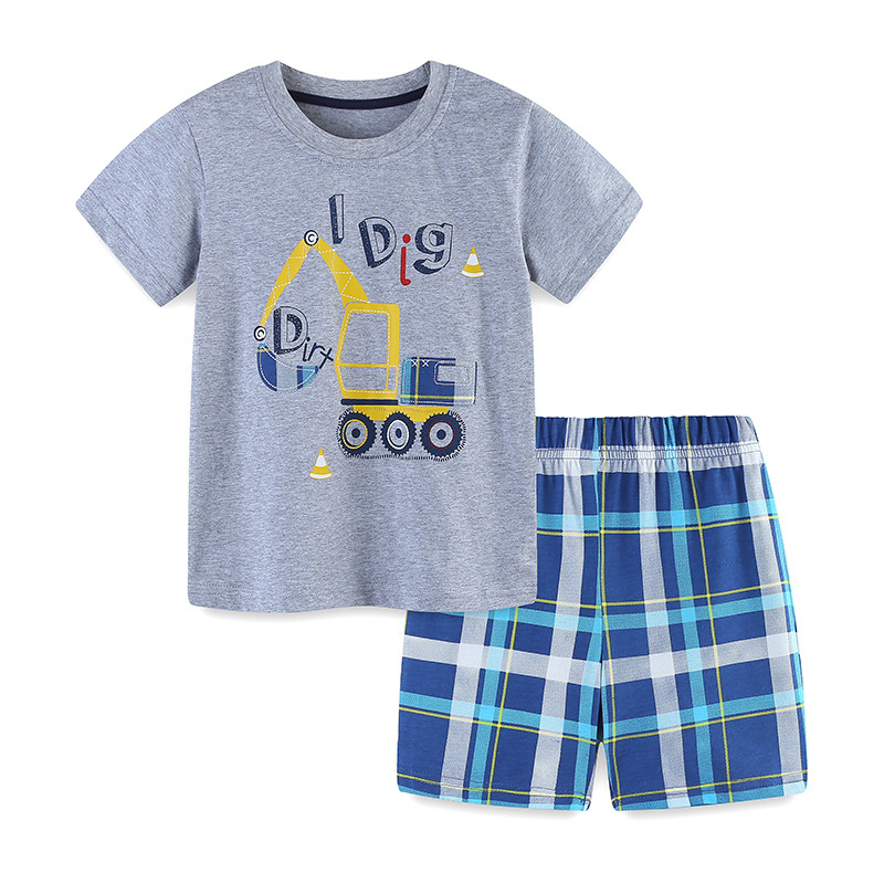 Traje de manga corta para niños de verano transfronterizo Camiseta de cuello redondo para niños impresa de moda Conjunto de pantalones cortos para niños de punto de 2 piezas