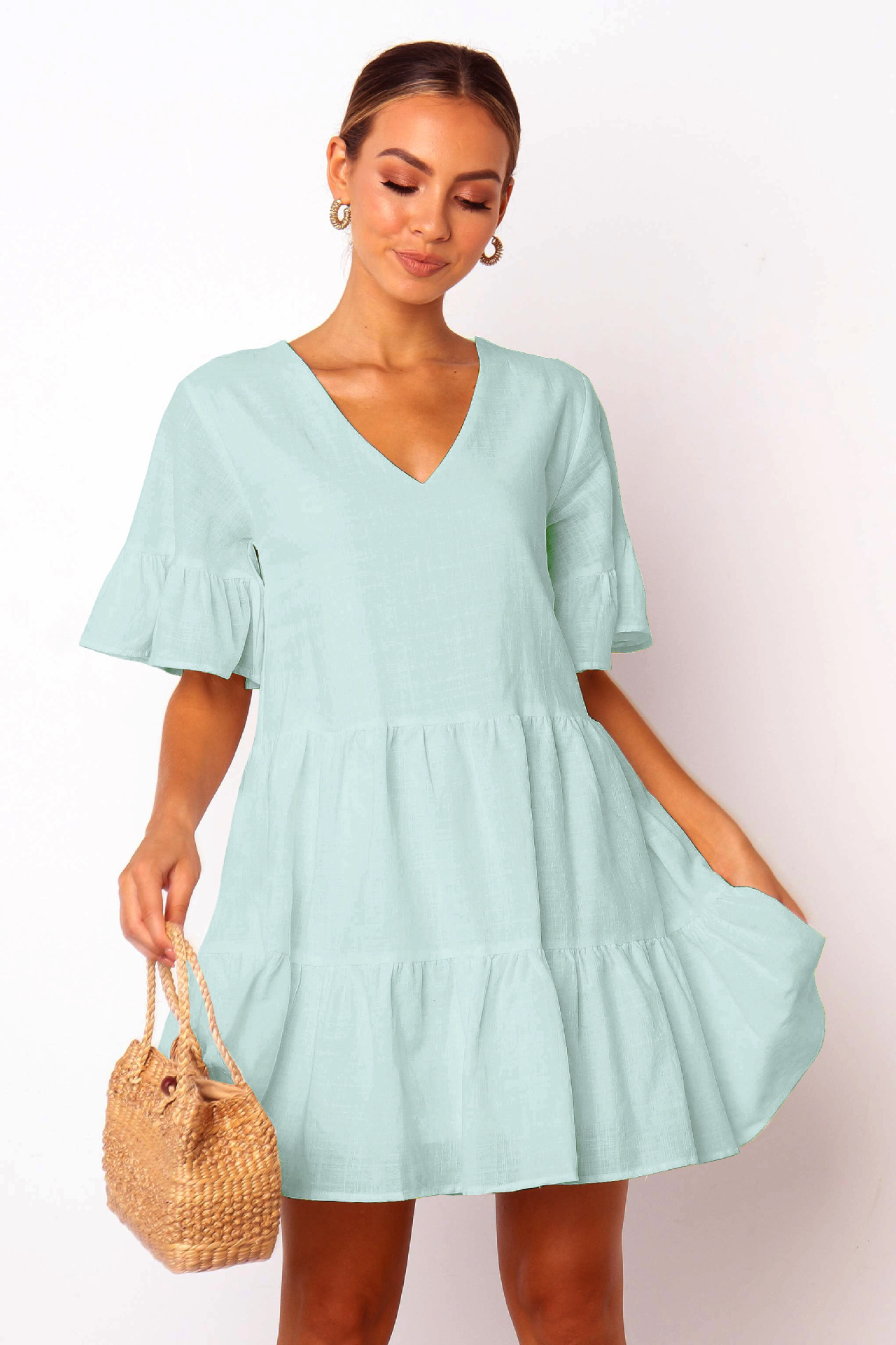 cotton solid color short-sleeved dress NSSE48173