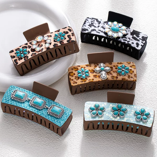 Bohemian Ethnic Style Turquoise Hairpin Western Style Hairpin Retro Leopard Print Sequin Leather Fashion Hairpin