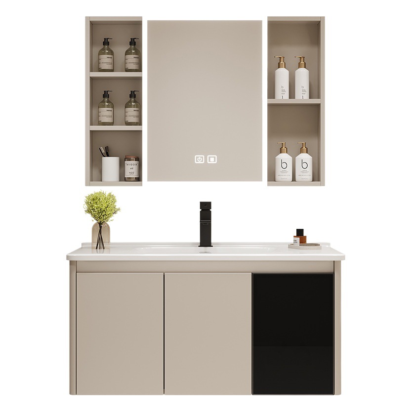 Crema estilo moderno minimalista baño lavado de lavado lavabo integrado de cerámica combinación espejo gabinete panal de aluminio gabinete de baño