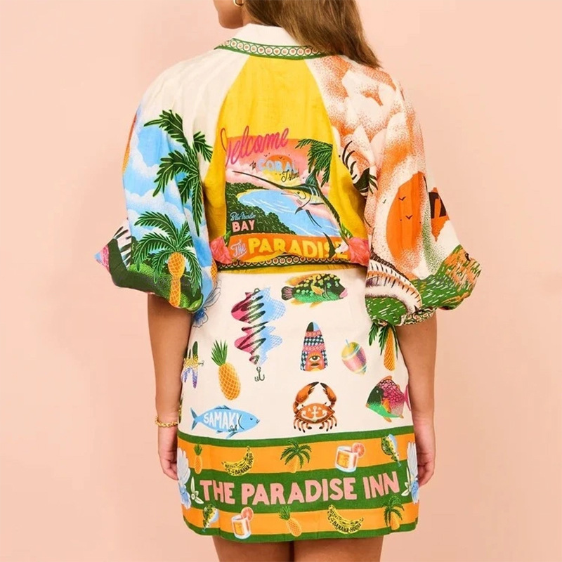 Women Clothing Casual Printing Shirt Cardigan 3/4 Sleeve Office Dress