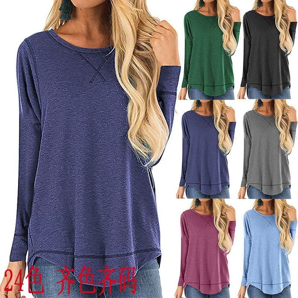2026 European and American New Style Round Neck Long-Sleeved T-Shirt for Women, Pure Color, Loose Fit, Short in Front and Long in Back, Asymmetrical Top, Fashionable and Casual