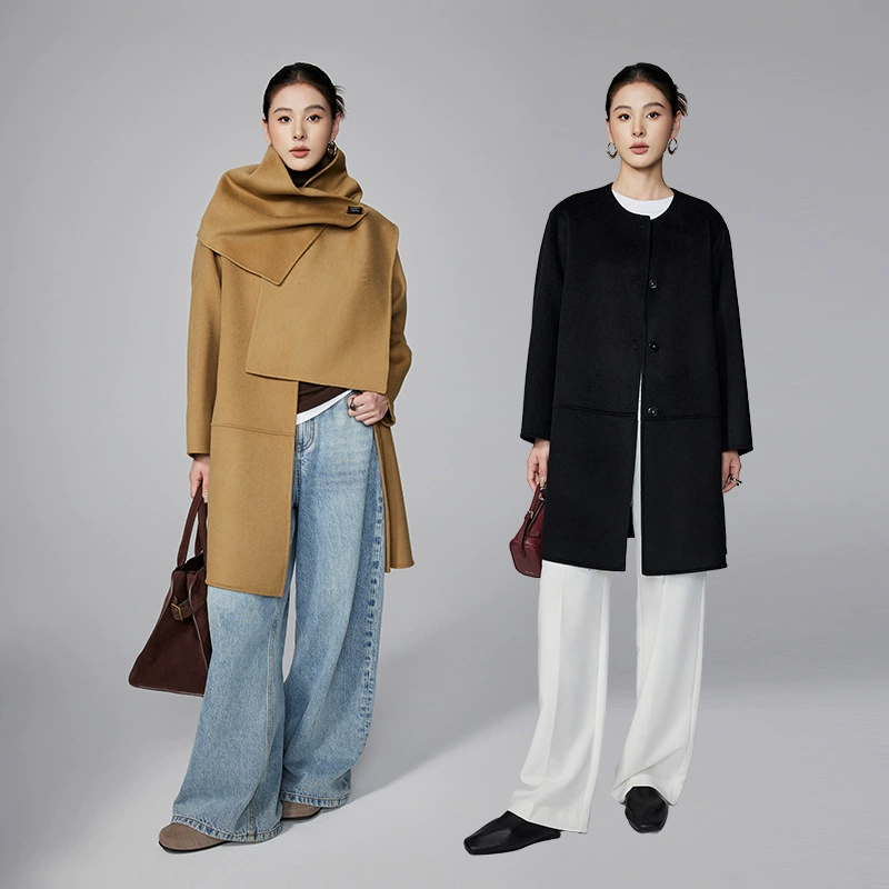 [Вначале] нишевый дизайн с ощущением полотенце можно снять и носить двухстороннее кашемировое пальто женский осенний и зимний шерстяной твидовой куртка