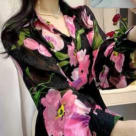 时尚印花刺绣防晒衬衫女 新款显瘦灯笼袖上衣女减龄雪纺衬衣