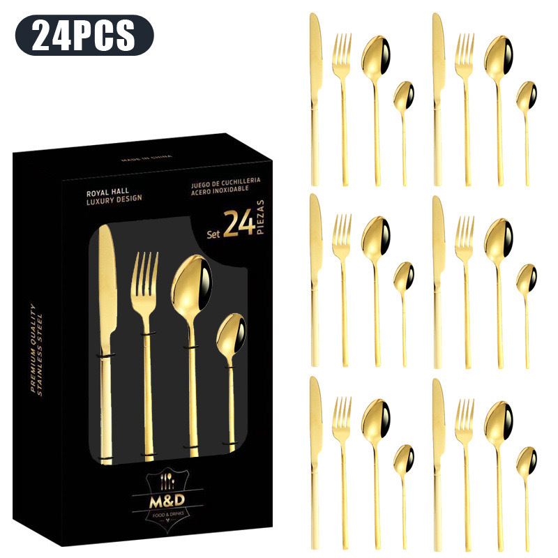 Vajilla de caballero de acero inoxidable de Amazon transfronterizo, bistec occidental, cuchillo, tenedor, cuchara, cuchara de postre, juego de caja de regalo de 24 piezas
