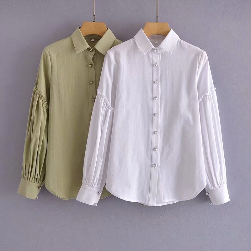 button decoration puff sleeve ruffle stitching shirt  NSAM39618