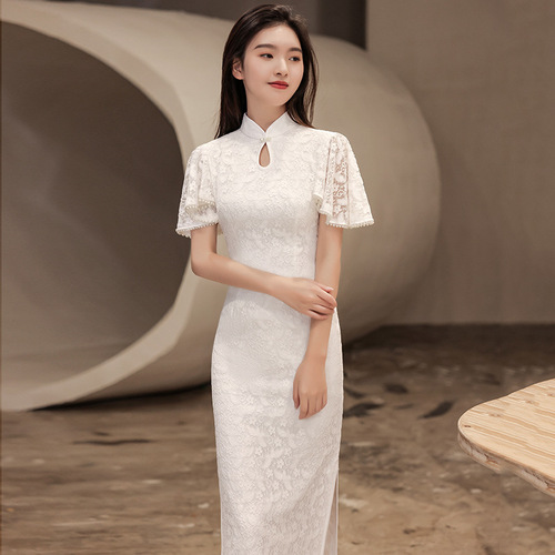White lace Cheongsam Chinese dresses evening dress aristocratic temperament white summer engagement party  license women dress