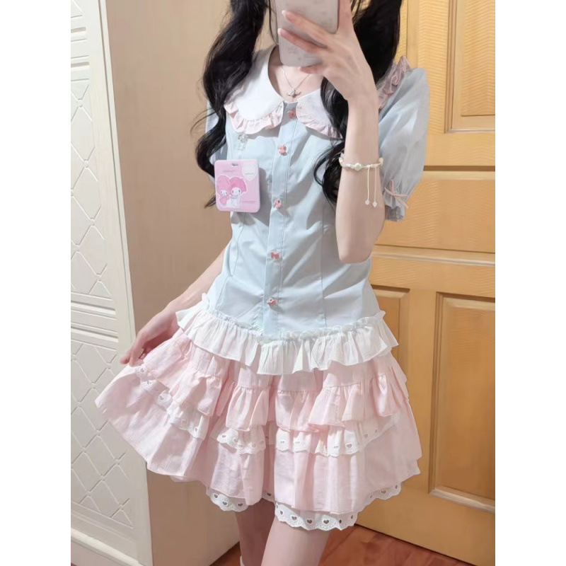 Sweet Age-Reducing College Style Petite Design High-Waisted Pink Skirt Paired with a Doll Collar Blue Top Set