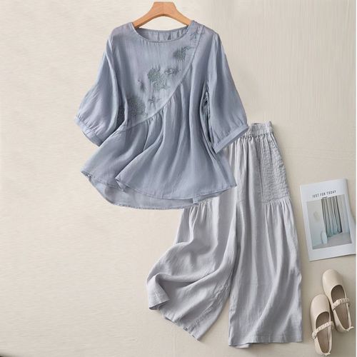 Summer New Fashion Set Round Neck Five-Pointer Short Sleeve Cotton Linen Embroidery Literary Slimming Retro Loose Casual Pants