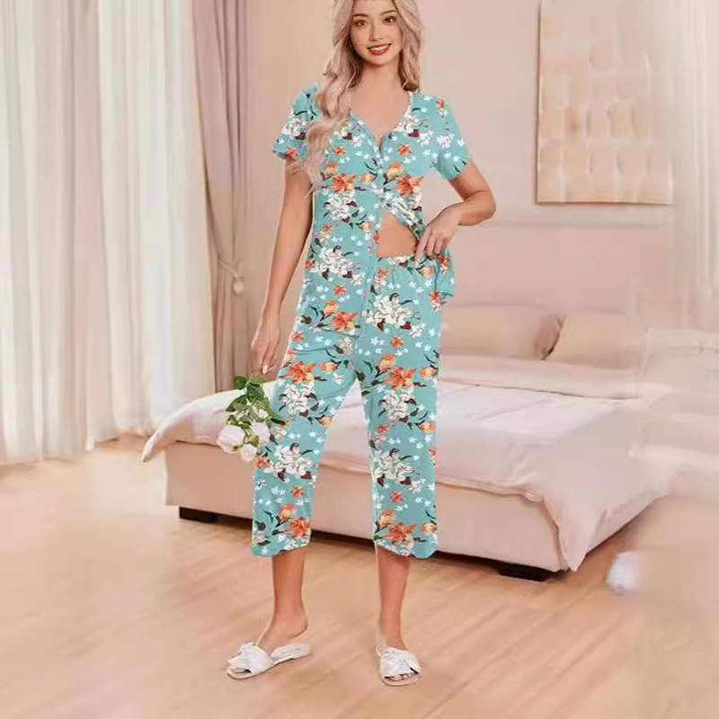 2024 European and American New Women's Cardigan Home Clothes Short-Sleeved Tops Three-Quarter Pants Printed Suit Pajamas with Flap Pocket Pantss