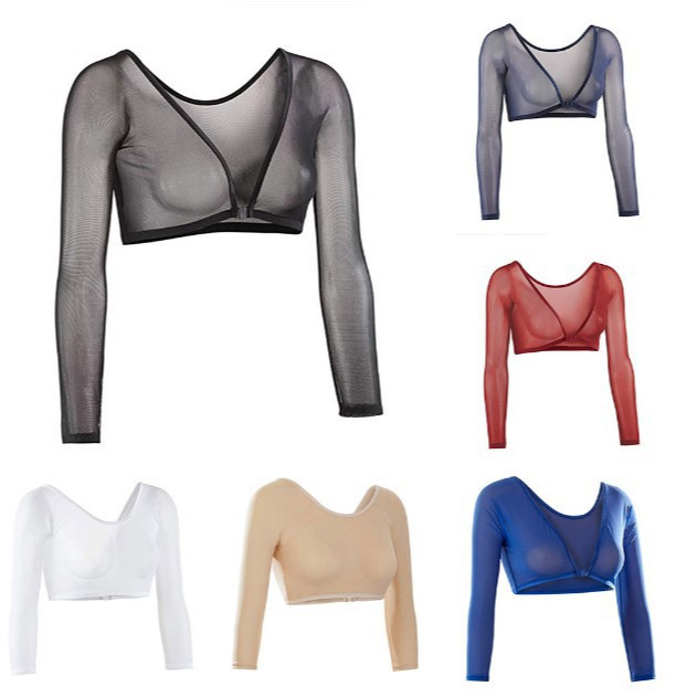 Amazon new hot selling in stock mesh long sleeve bottoming inner top short navel-exposed mesh see-through Cardigan