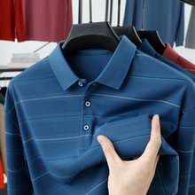 专柜男装T恤长男2025春秋款条纹翻领真口袋高级感中年爸爸Polo衫