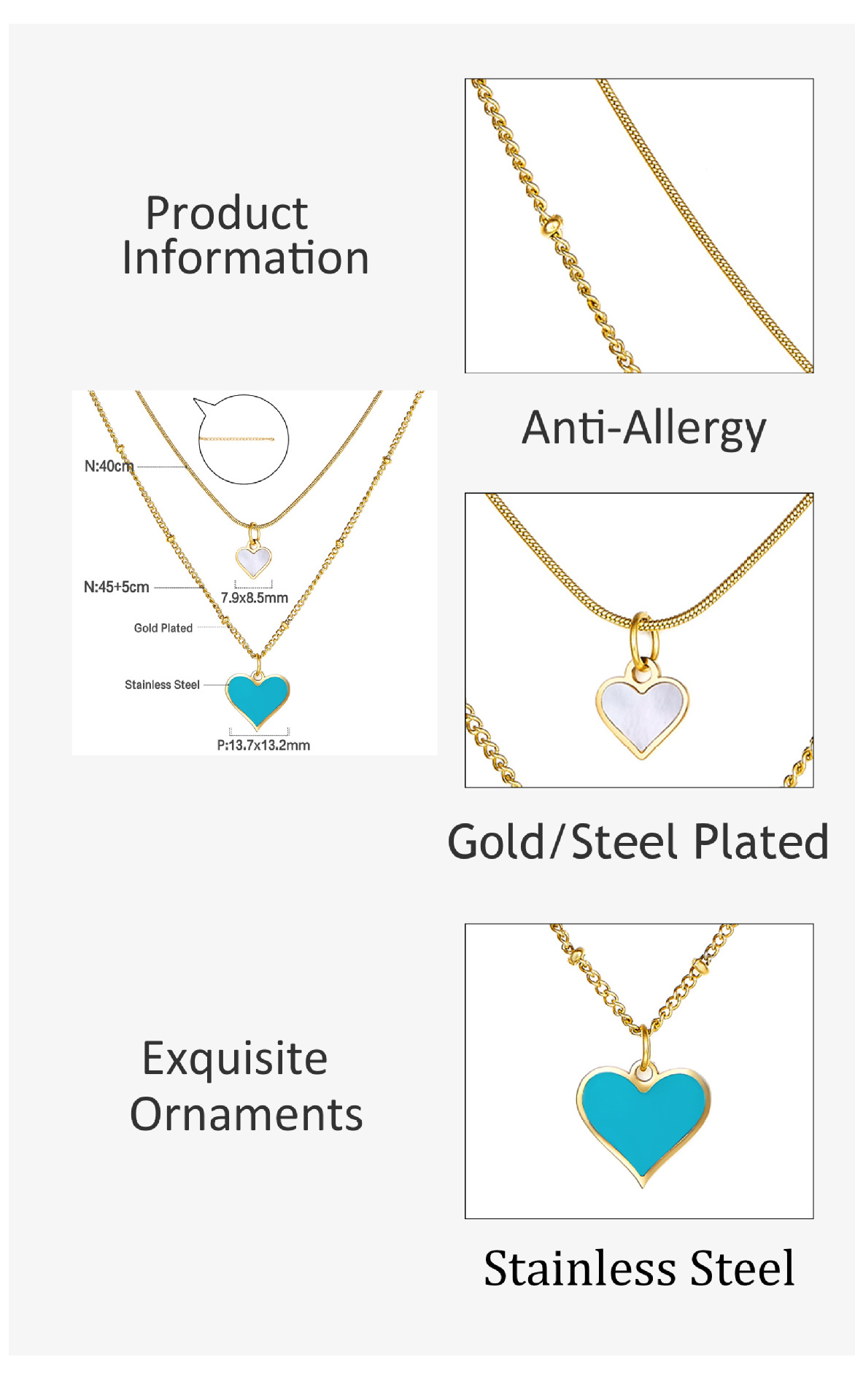 Fashion Heart Shape Stainless Steel Plating Layered Necklaces 1 Piece