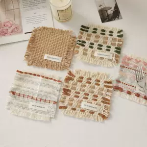 Nordic-Style Heat-Resistant Tassel Coaster with Fabric Weaving, Square Handmade Tassel Coffee Mat, New Product