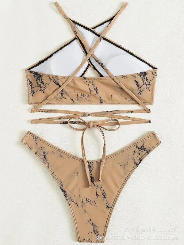 2022 nuevo popular europeo y americano sexy traje de baño de las mujeres moda sin respaldo patrón de piedra Bikini traje de baño de las mujeres