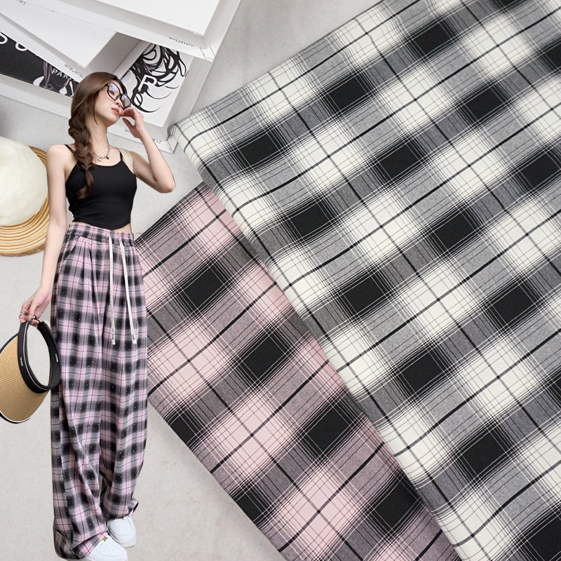 新品春夏薄款连衣裙衬衫格子布 TR弹力格纹面料 休闲阔腿裤布料