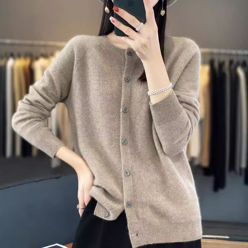 One-Line Ready-To-Wear Woolen Sweater Women's Knitted Cardigan Slim Sweater Jacket Autumn and Winter Bottoming Round Neck Long-Sleeved Loose Top