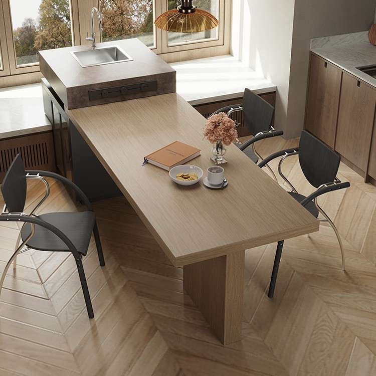 Ventana salediza, isla, mesa de comedor, cocina abierta, sala de estar de estilo de troncos, grano de madera de nogal, plataforma de guía central retráctil, caída