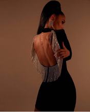 2021新款欧美跨境性感长袖露背后背流苏钻大气丝绒礼服连衣裙