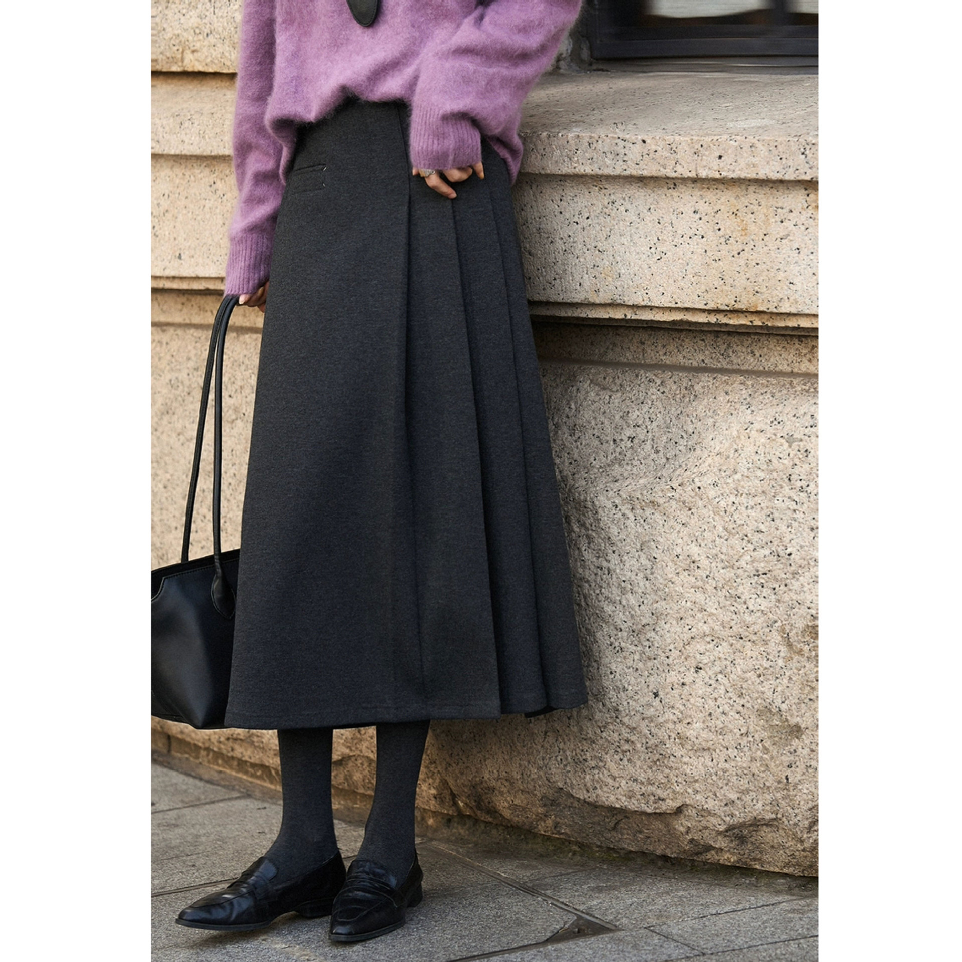 26 Early Spring Simple and Elegant [Wool Acetate] Versatile Hip-Covering Slimming Pleated A-Line Thickened Skirt 25606