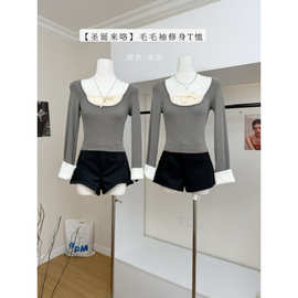 小姐姐圣诞来咯好穿B入毛毛袖弹力显瘦针织打底长袖T恤女