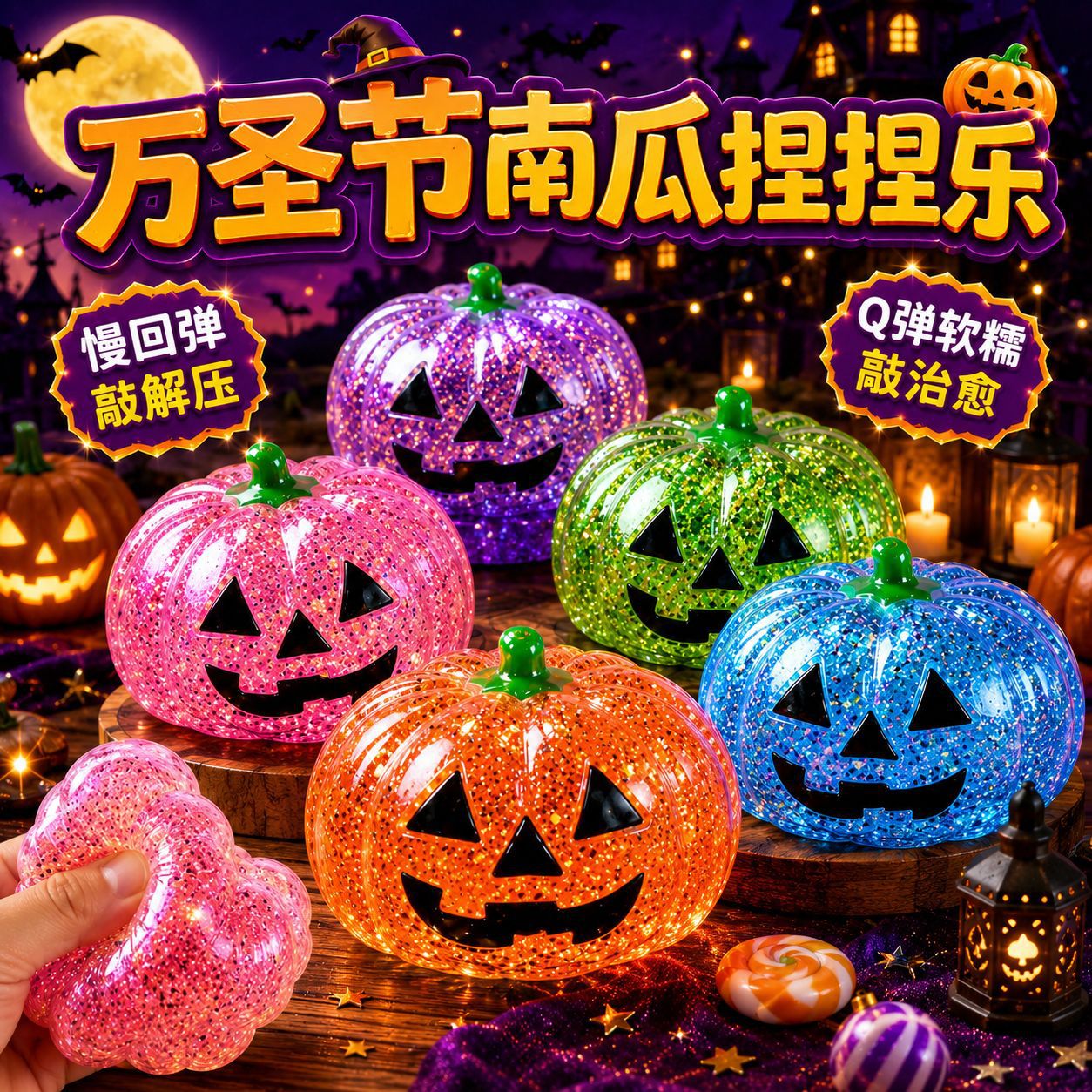 Cross-border bestseller Halloween pumpkin head squeeze toy, maltose stress-relief toy, creative slow-rebound decompression gadget