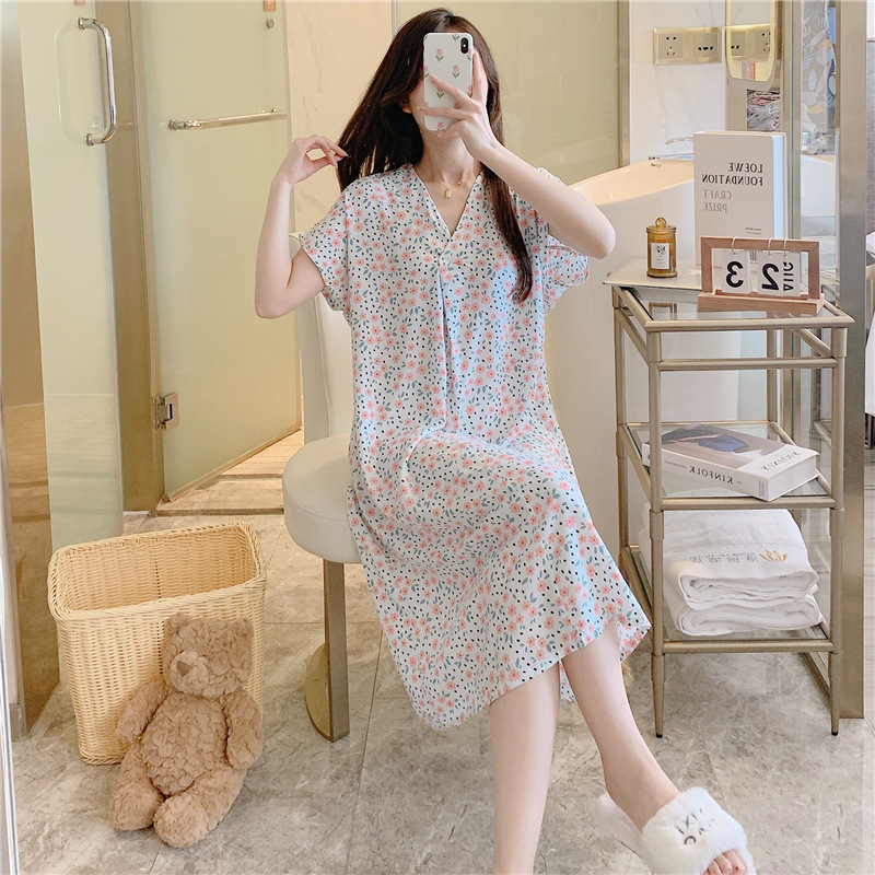 Camisón de seda de algodón para mujer verano nuevo Pijama estampado de dibujos animados de manga corta estilo coreano más tamaño ropa para el hogar suelta de seda de algodón delgada