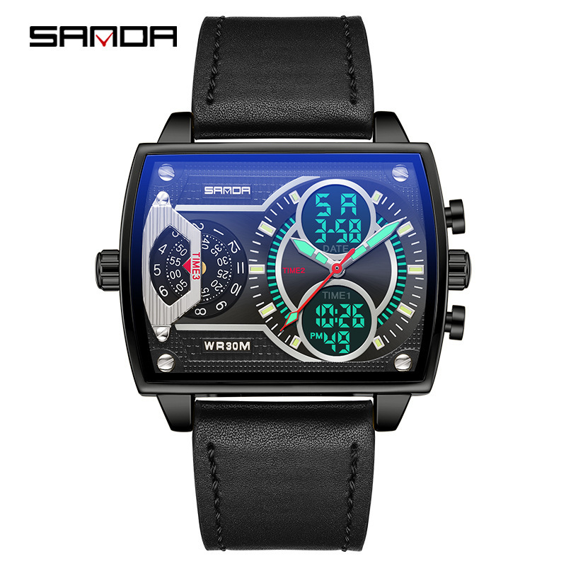 Sanda sanda6032 Harajuku estilo reloj electrónico doble pantalla multifuncional cinturón hombres moda cuadrado reloj personalizado