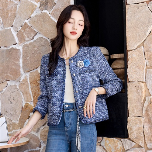 Beautiful Blue Small Fragrance Jacket for Women 2025 Autumn New Classy French Style Lady Accessible Luxury Tweed Top