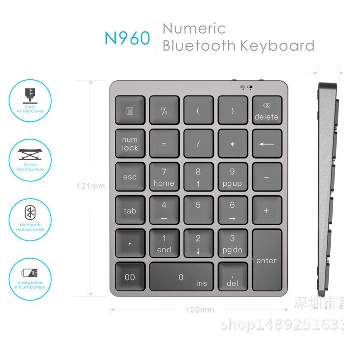 Aluminum alloy 28-key numeric keyboard mini portable Bluetooth numeric keyboard rechargeable Bluetooth phablet keypad