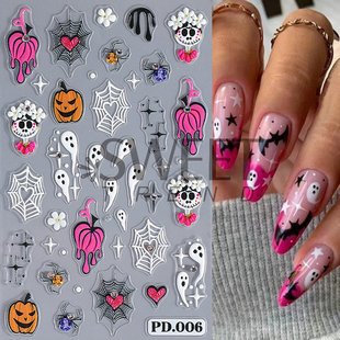 2024 Cross Border Halloween Nail Art Stickers New Craft Embossed Pink Pumpkin Ghost Skull Nail Decal