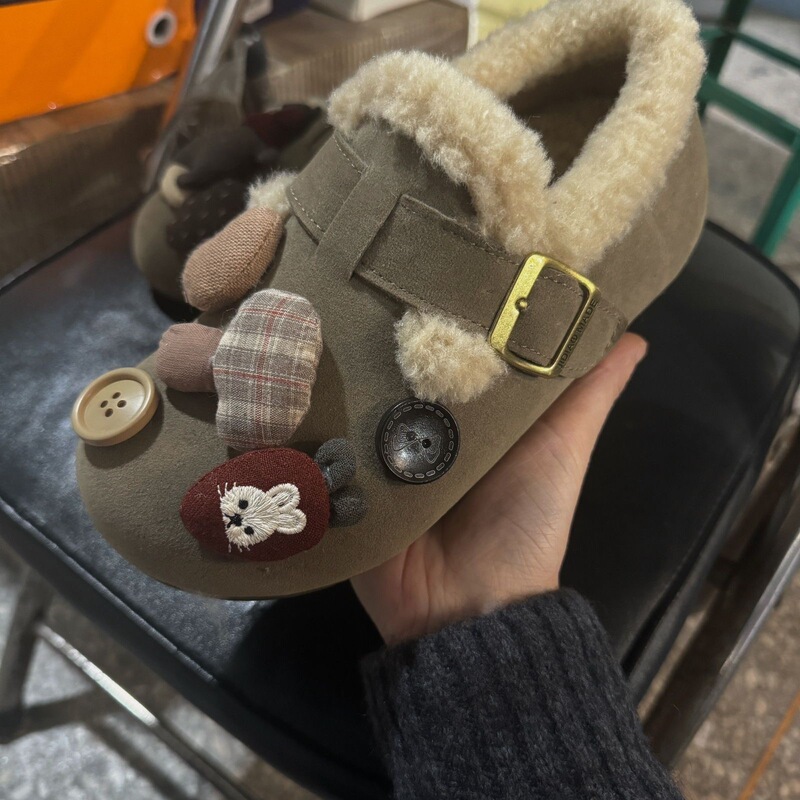可爱卡通小熊~全包勃肯鞋女冬内增高爆款毛毛鞋厚底复古保暖棉鞋|undefined
