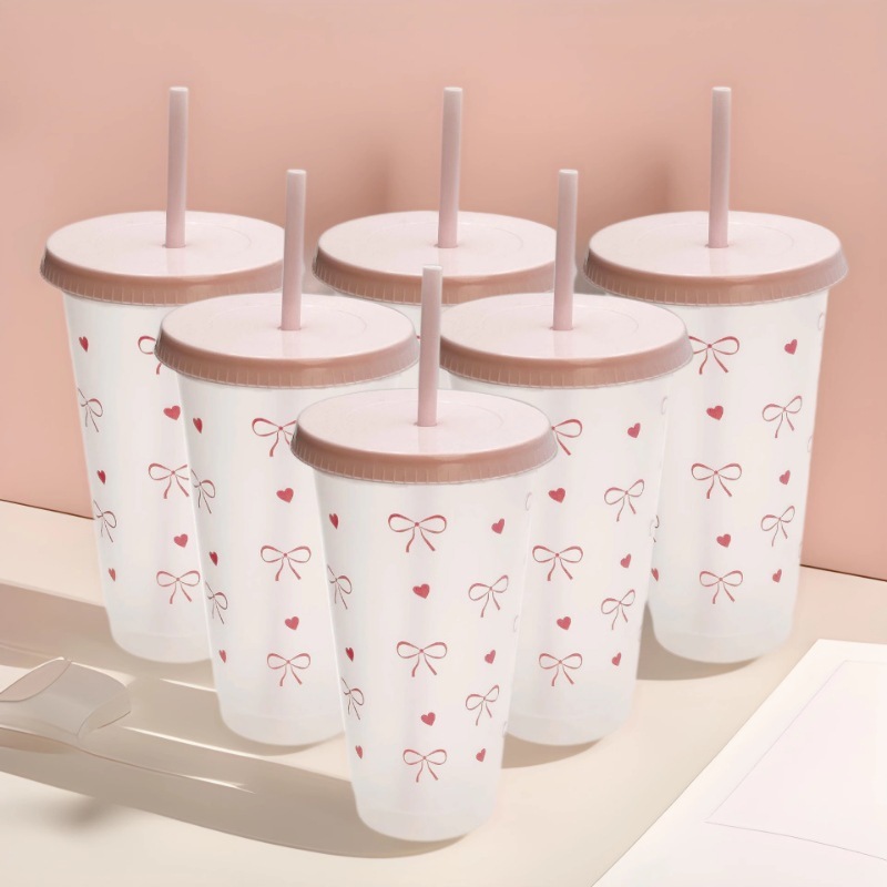 Pink Bow Plastic Cup with Lid and Straw Reusable PP Transparent Cup for Birthday Party